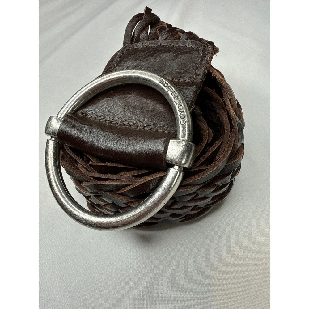 Calvin Klein Jeans Brown Braided Leather Belt Silver O-Ring Buckle Small 4249282